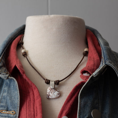 Wild Horse Stone Heart and Fossil Jasper Leather Necklace