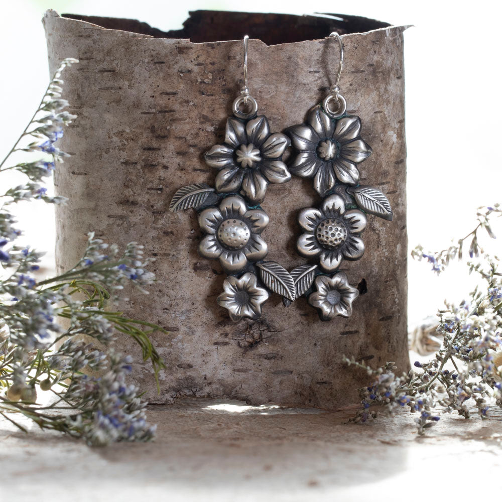 Handmade fine silver wildflower earrings with sterling ear wires, nature-inspired botanical jewelry by Divella Designs