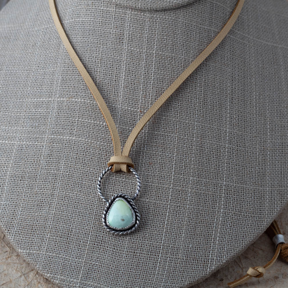 soft green variscite pendant set in sterling silver with twisted detail on adjustable leather cord, handmade jewelry Vermont