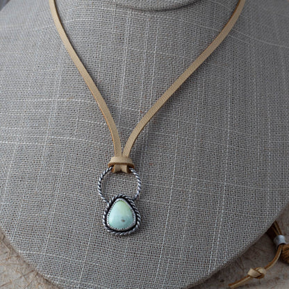 soft green variscite pendant set in sterling silver with twisted detail on adjustable leather cord, handmade jewelry Vermont