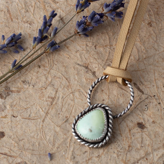 soft green variscite pendant set in sterling silver with twisted detail on adjustable leather cord, handmade jewelry Vermont