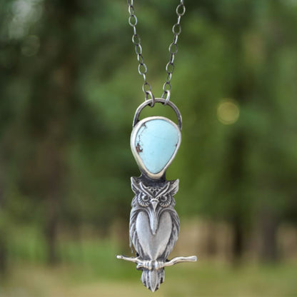 Winston the Woodland Owl Sterling Silver and Golden Hills Turquoise Necklace