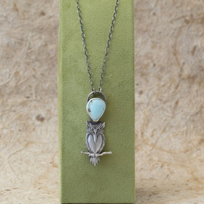 Winston the Woodland Owl Sterling Silver and Golden Hills Turquoise Necklace