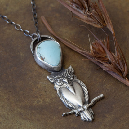 Winston the Woodland Owl Sterling Silver and Golden Hills Turquoise Necklace