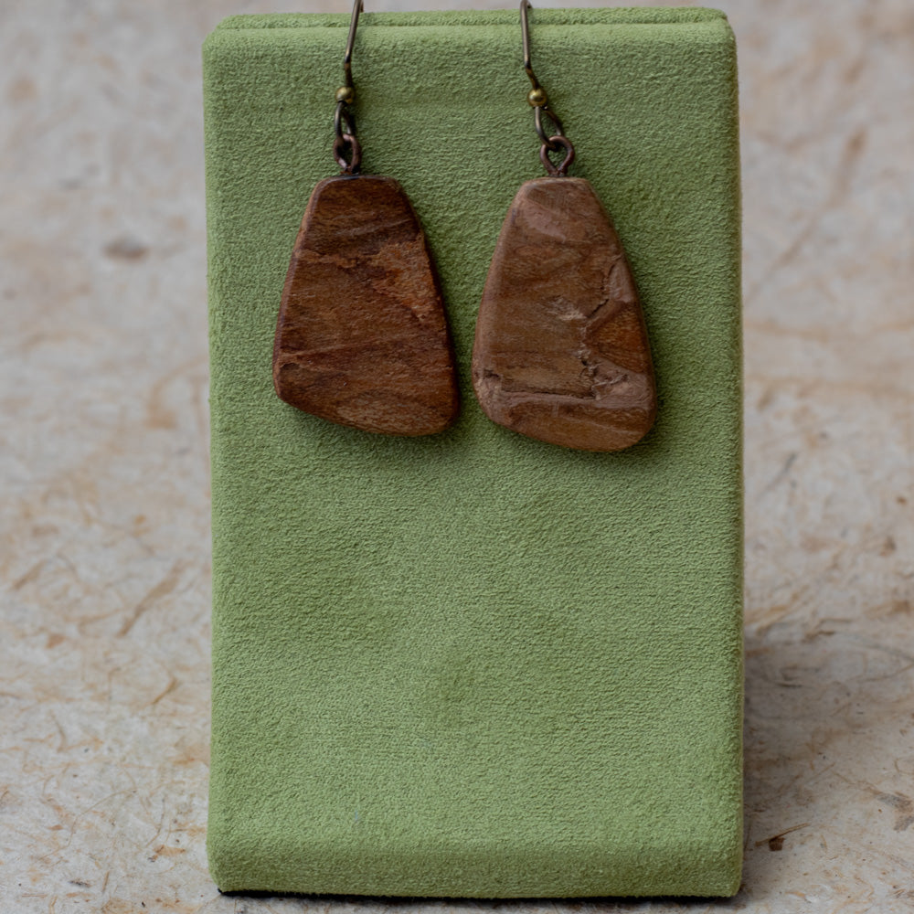 Lightweight natural wood drop earrings with warm brown grain and niobium ear wires.