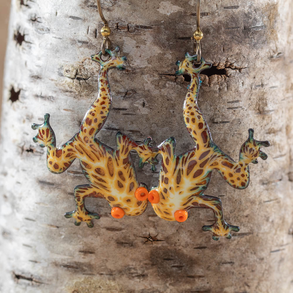 Colorful kiln-fired enamel tree frog earrings on copper with niobium ear wires, handmade in Vermont by Divella Designs.