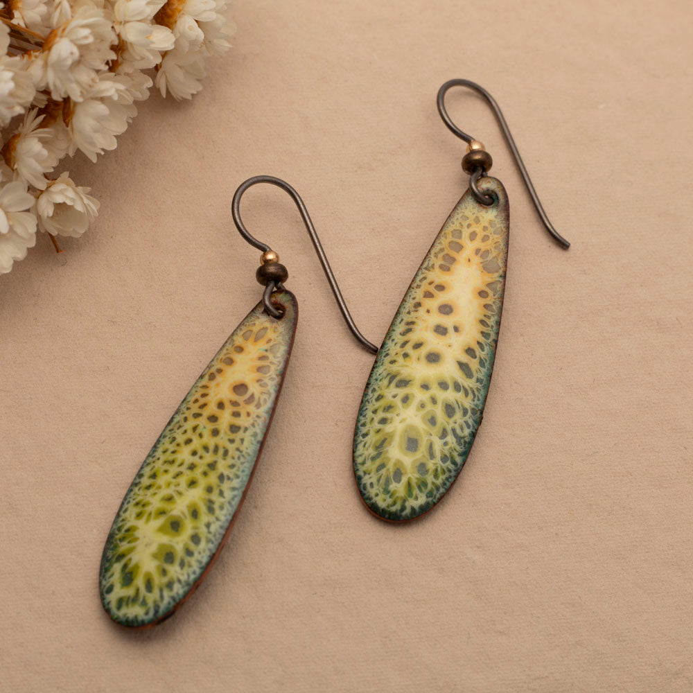 Lightweight yellow and green enamel earrings on copper with choice of niobium or sterling silver ear wires.