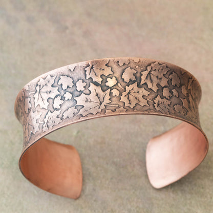 Maple leaf copper cuff bracelet shown from above to highlight texture.