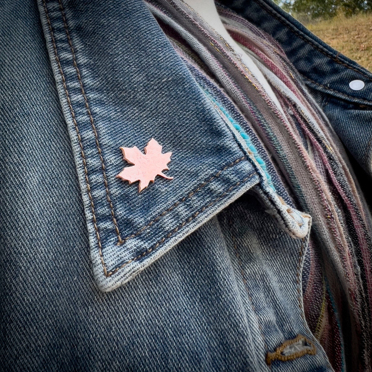 Handmade copper maple leaf lapel pin with nickel post and clutch, 7/8 inch, inspired by Vermont autumn nature.