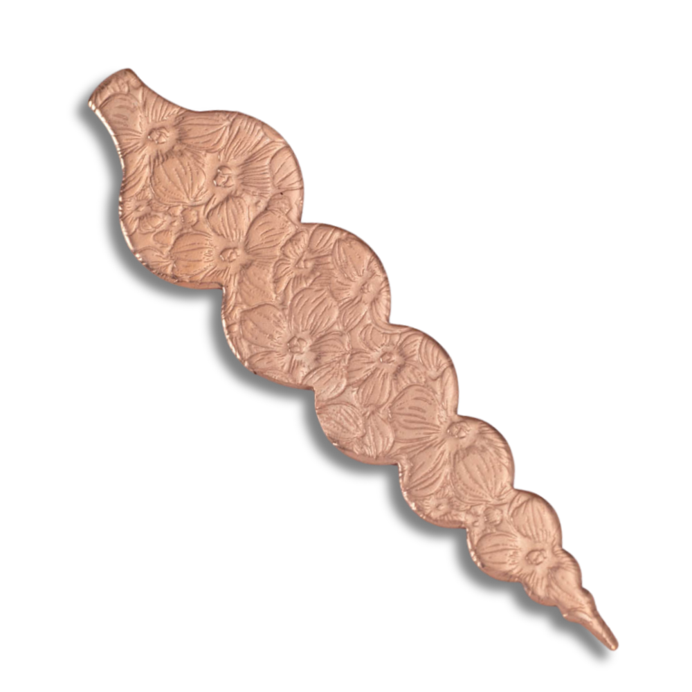 Handmade copper bauble ornament with floral impression pattern, 5-inch with hook, rustic holiday décor, Vermont artisan made.