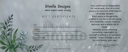Divella Designs gift certificate with nature-themed design and text.