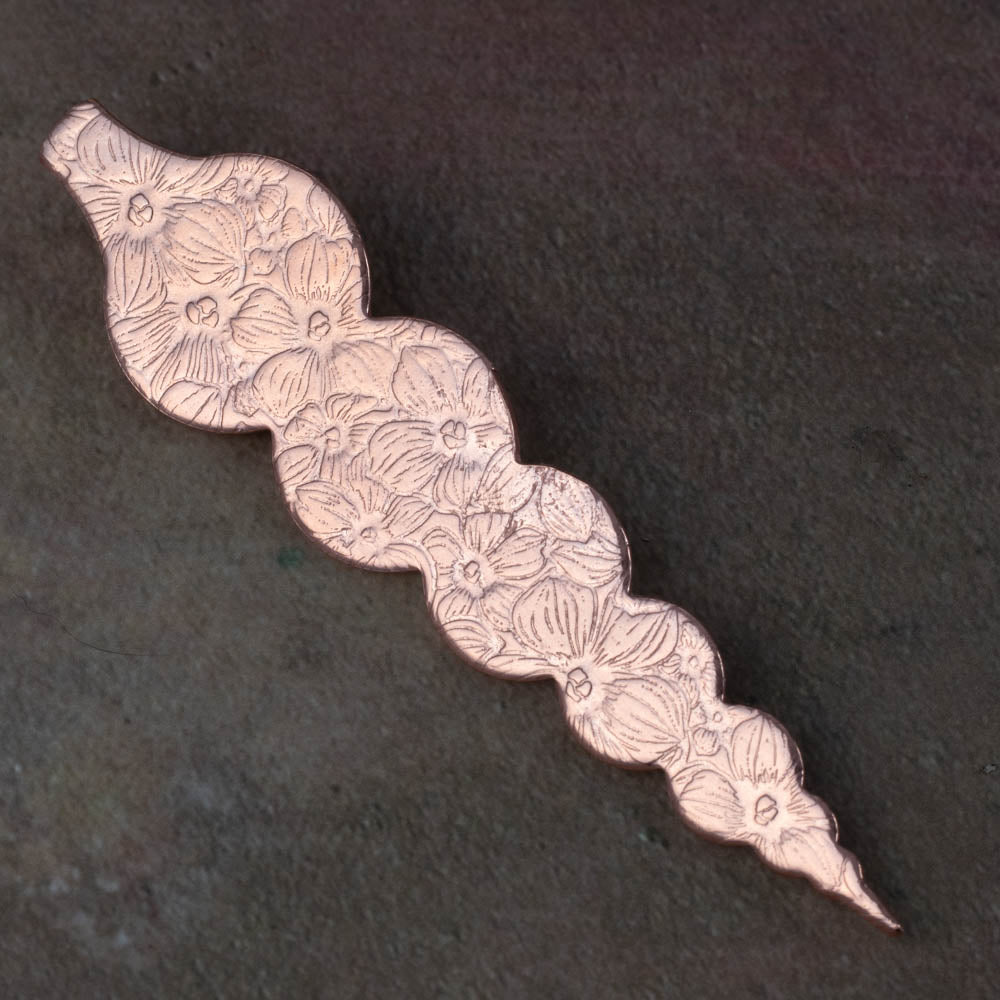 Handmade copper bauble ornament with floral impression pattern, 5-inch with hook, rustic holiday décor, Vermont artisan made.