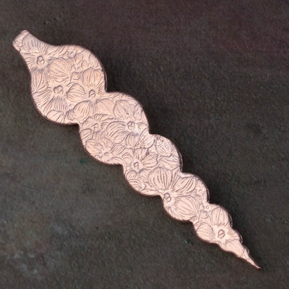 Handmade copper bauble ornament with floral impression pattern, 5-inch with hook, rustic holiday décor, Vermont artisan made.
