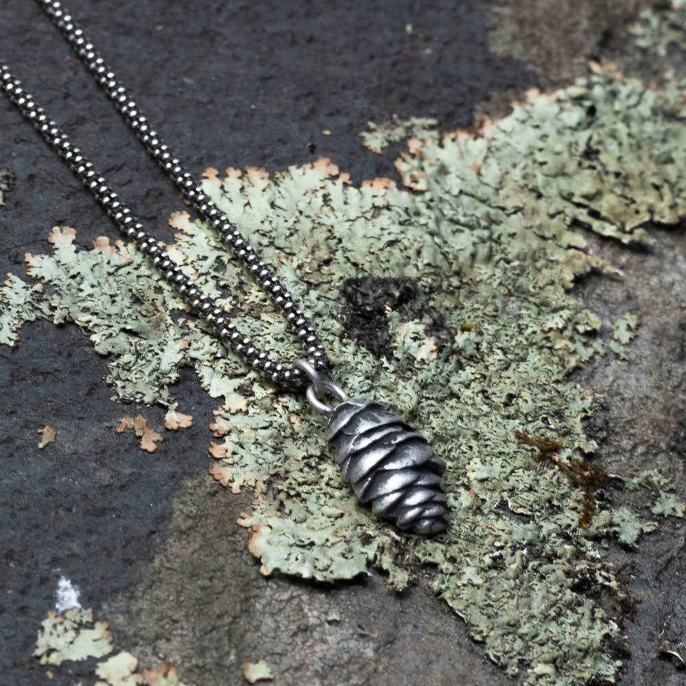 Solid sterling silver pine cone pendant on oxidized bead chain

