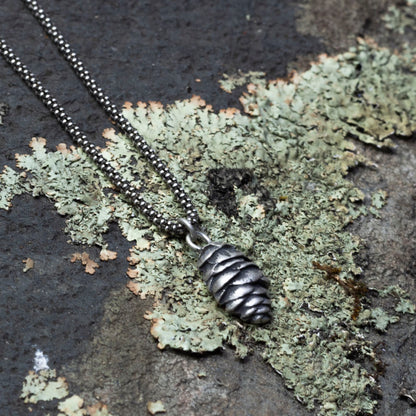 Solid sterling silver pine cone pendant on oxidized bead chain

