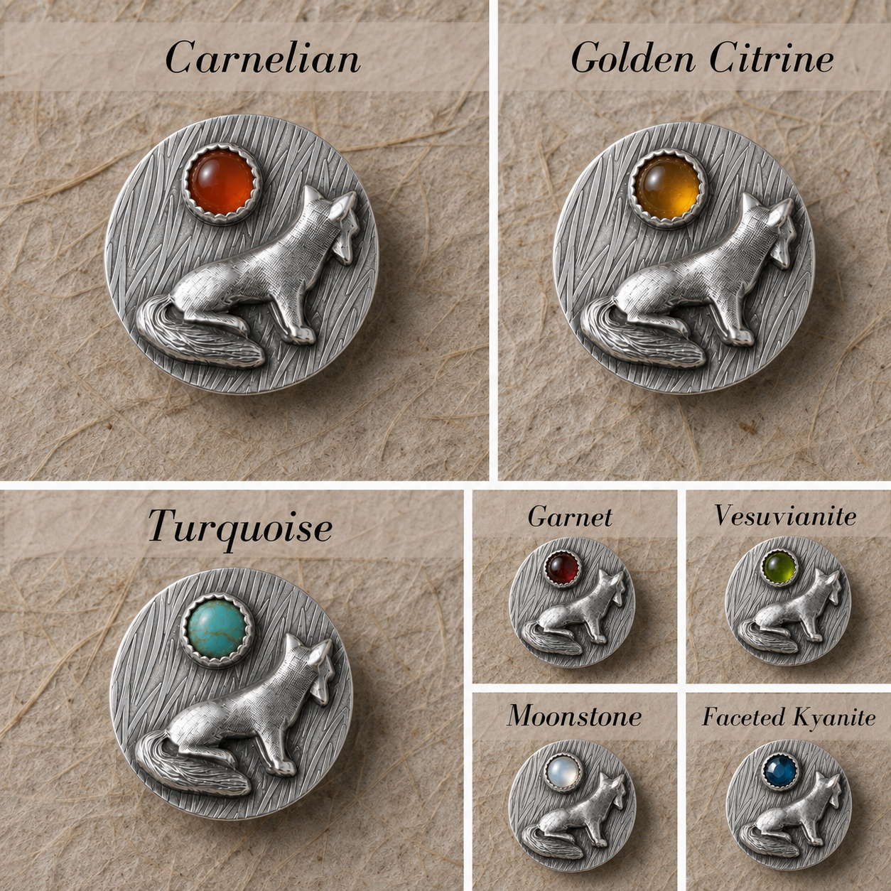 Sterling silver fox pendant gemstone choices including carnelian, citrine, turquoise, garnet, vesuvianite, moonstone and kyanite