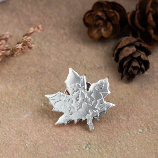Handmade sterling silver maple leaf lapel pin with nickel post and clutch, 7/8 inch, inspired by Vermont nature and autumn leaves