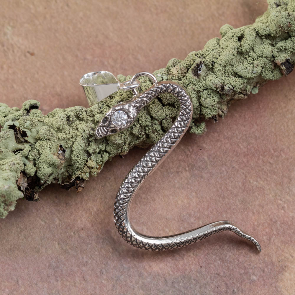 Silver snake-shaped pendant on a branch with green moss
