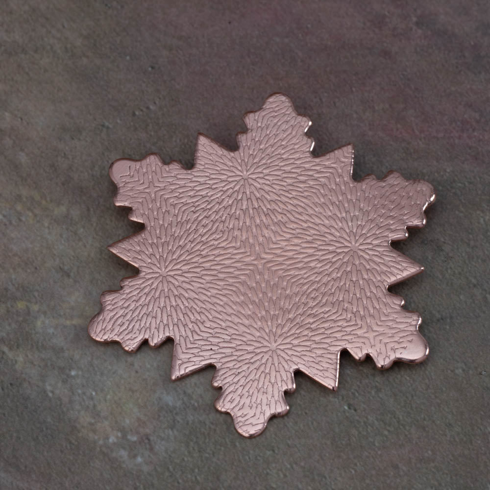 Handmade copper snowflake ornament with textured pattern, 3x3 inches (5" with hook), rustic winter holiday décor, artisan made in Vermont