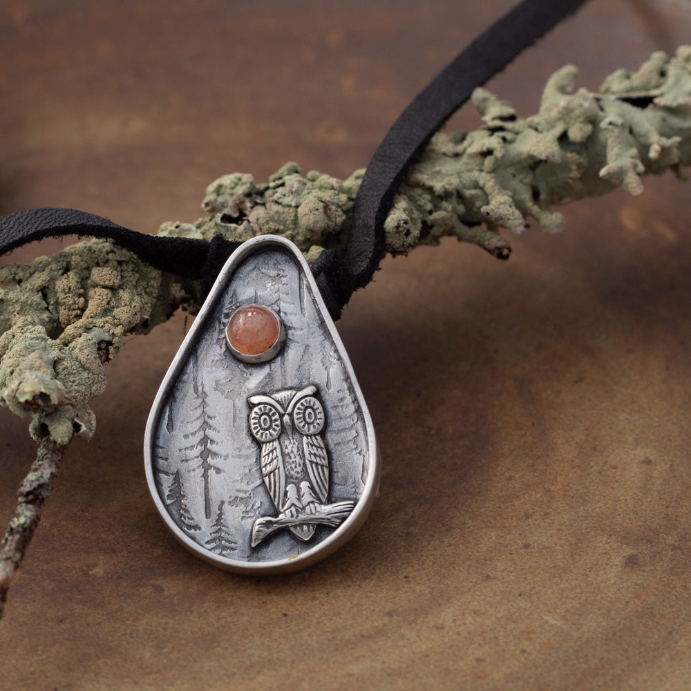 Sterling silver owl pendant with Oregon sunstone on adjustable black leather lace