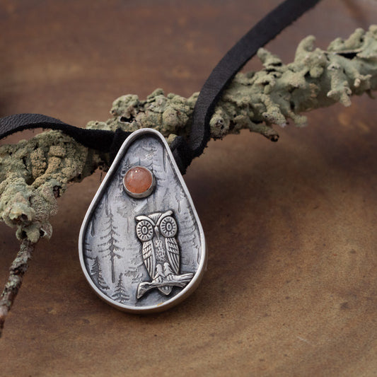 Sterling silver owl pendant with Oregon sunstone on adjustable black leather lace
