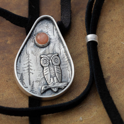 Handmade sterling silver owl pendant with forest background and 6mm Oregon sunstone