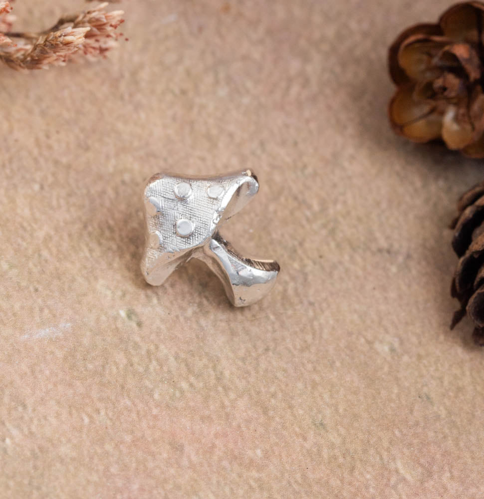 Silver textured mushroom lapel pin on a beige surface with dried flowers and pine cones.
