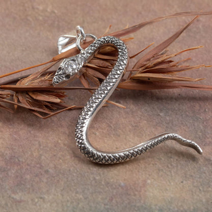 Silver snake-shaped pendant on a textured surface with dried leaves