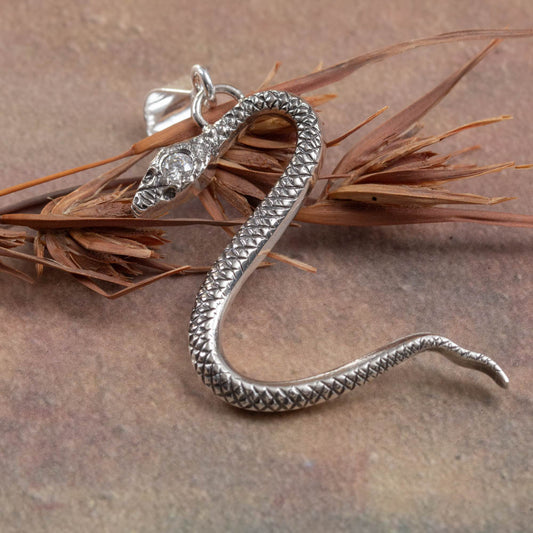 Silver snake-shaped pendant on a textured surface with dried leaves