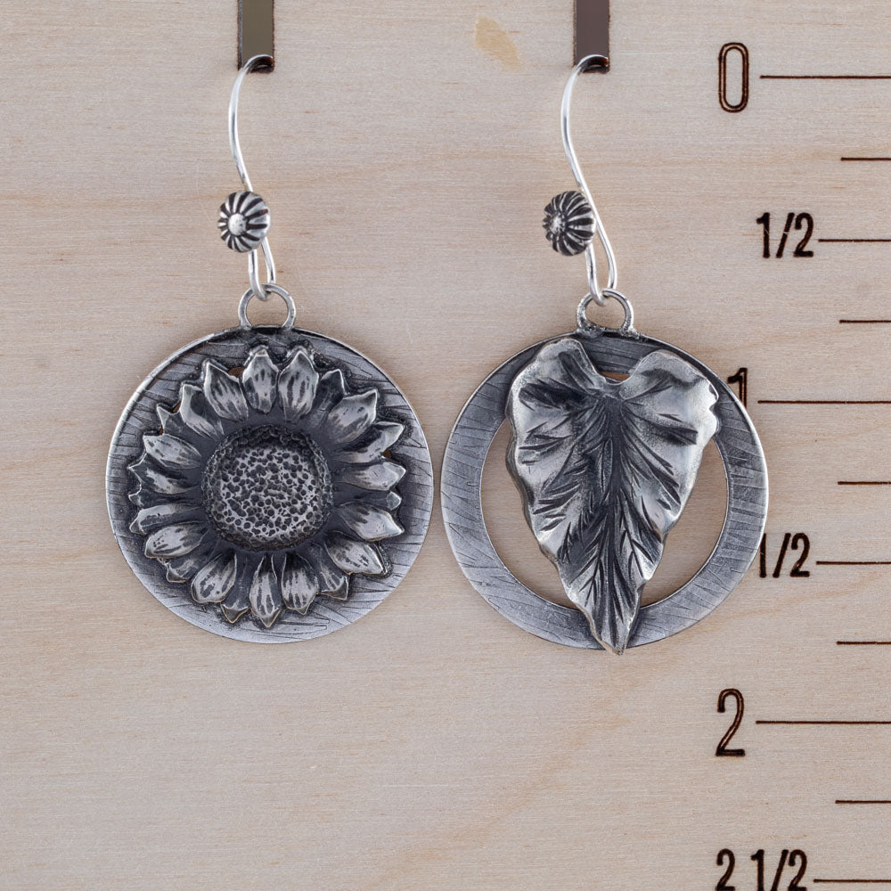 Sunflower & Leaf Silver Earrings