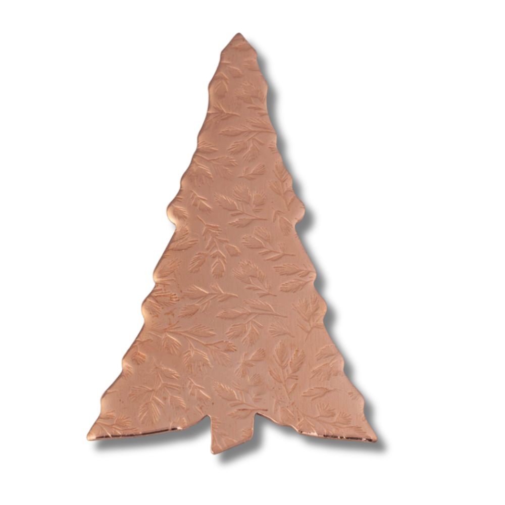 Handcrafted copper evergreen tree ornament with leaf impressions, 5-inch with hook, nature-inspired holiday decoration, handmade in Vermont