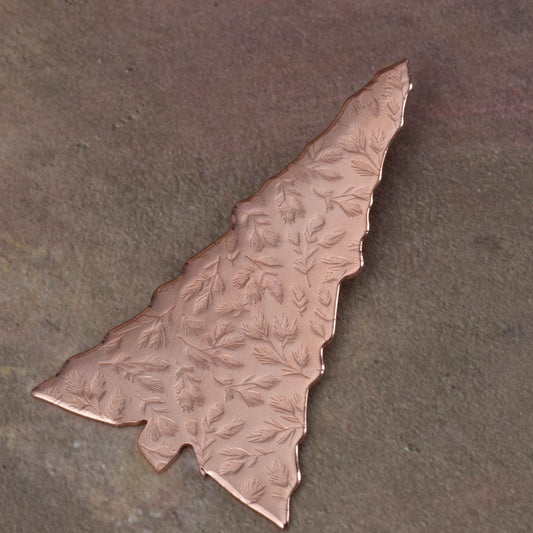 Handcrafted copper evergreen tree ornament with leaf impressions, 5-inch with hook, nature-inspired holiday decoration, handmade in Vermont