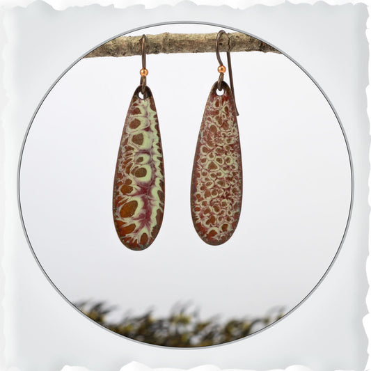 Copper, Red & Lime Lichen Teardrop Enamel Earrings