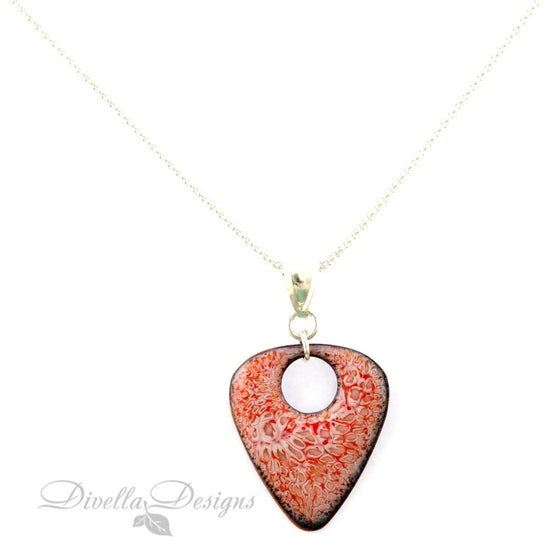 pink and orange triangular enamel pendant necklace on silver chain