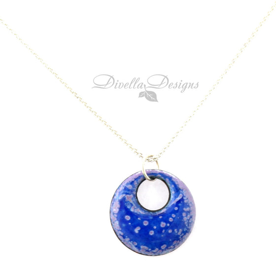 blue and purple round necklace on a sterling chain
