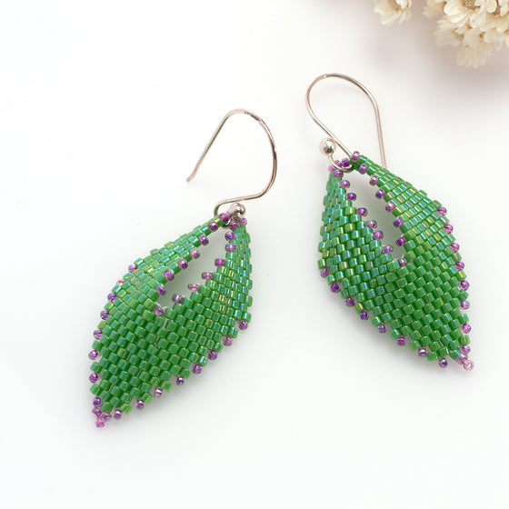 green beaded leaf earrings