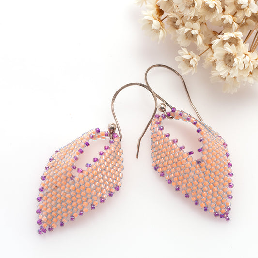 peach beaded leaf earrings