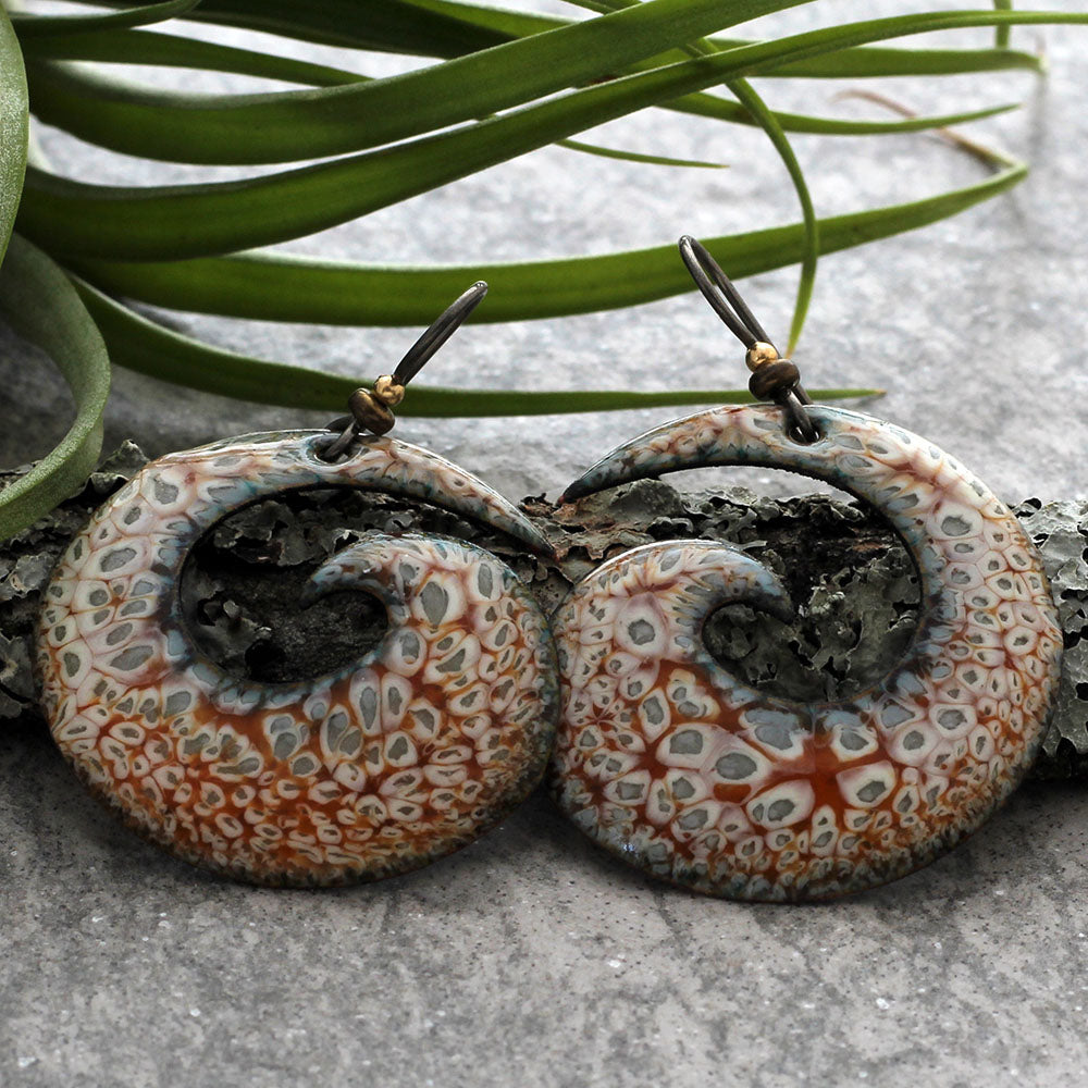 Orange, Gray & Cream Spiral Enamel Earrings