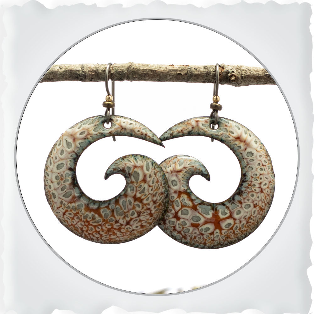 Orange, Gray & Cream Spiral Enamel Earrings