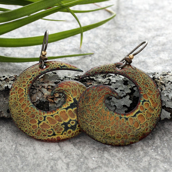 Black/Copper/Yellow Spiral Enamel Earrings