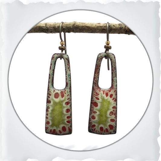 Lime, Red & White Rectangular Enamel Earrings