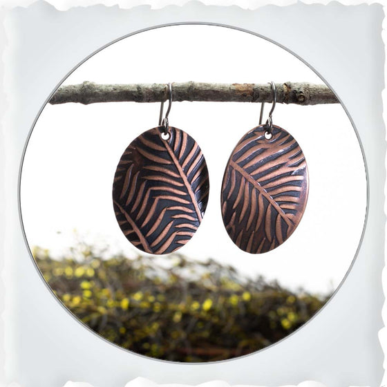 Palm Frond Textured Copper Earrings