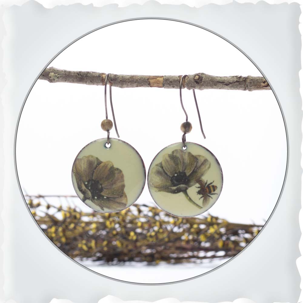 White Poppy Earrings With Bee