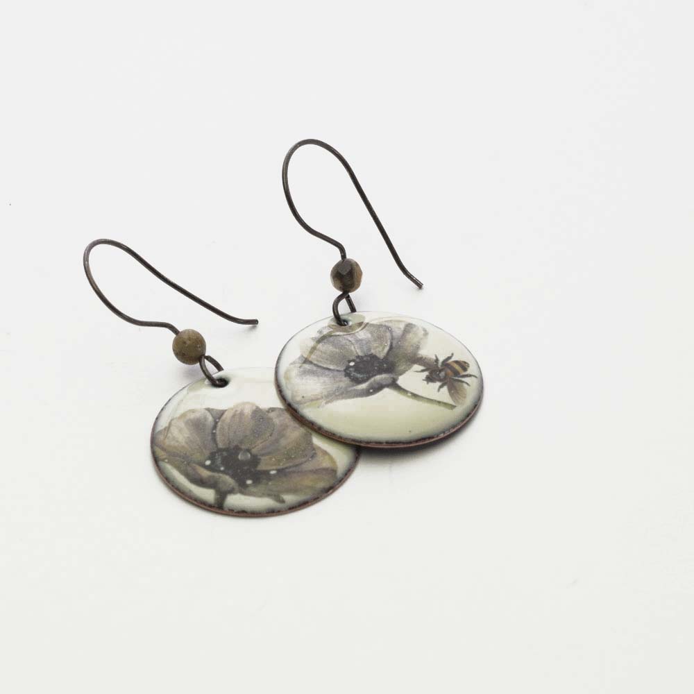 White Poppy Earrings With Bee