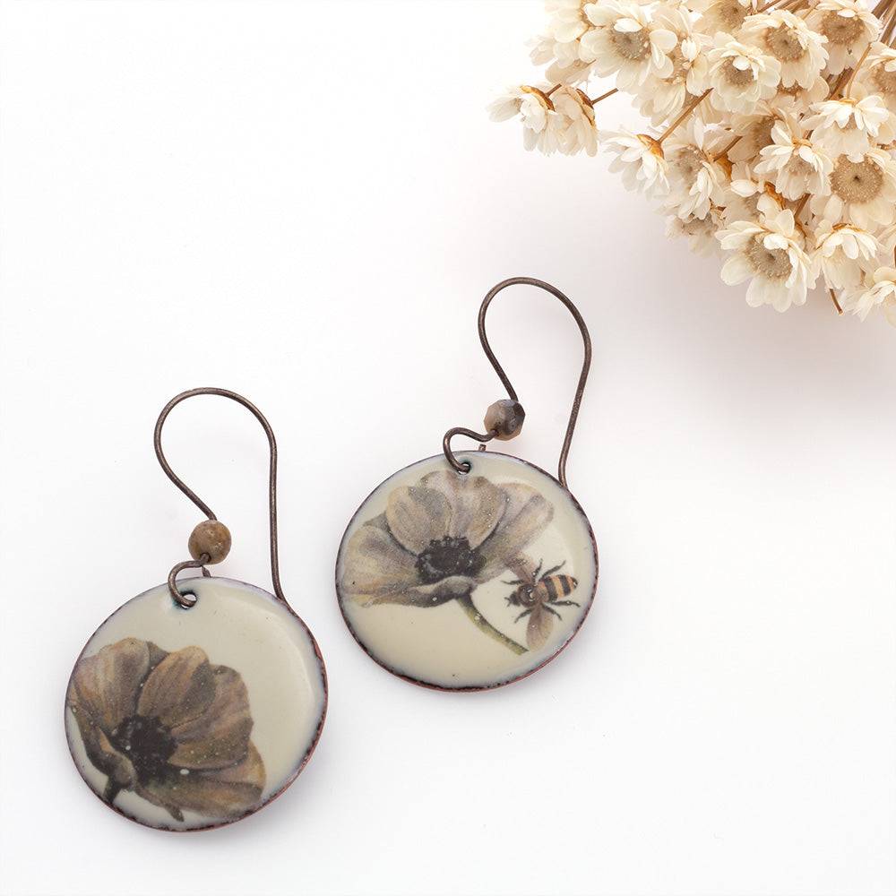 White Poppy Earrings With Bee