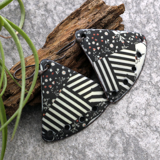 Black & Cream Floral Triangle Earrings