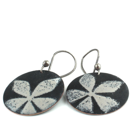Black and pale gray floral earrings on silver ear wires