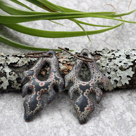  Black and red patterned enamel earrings with niobium ear wires and organic flame-like shape