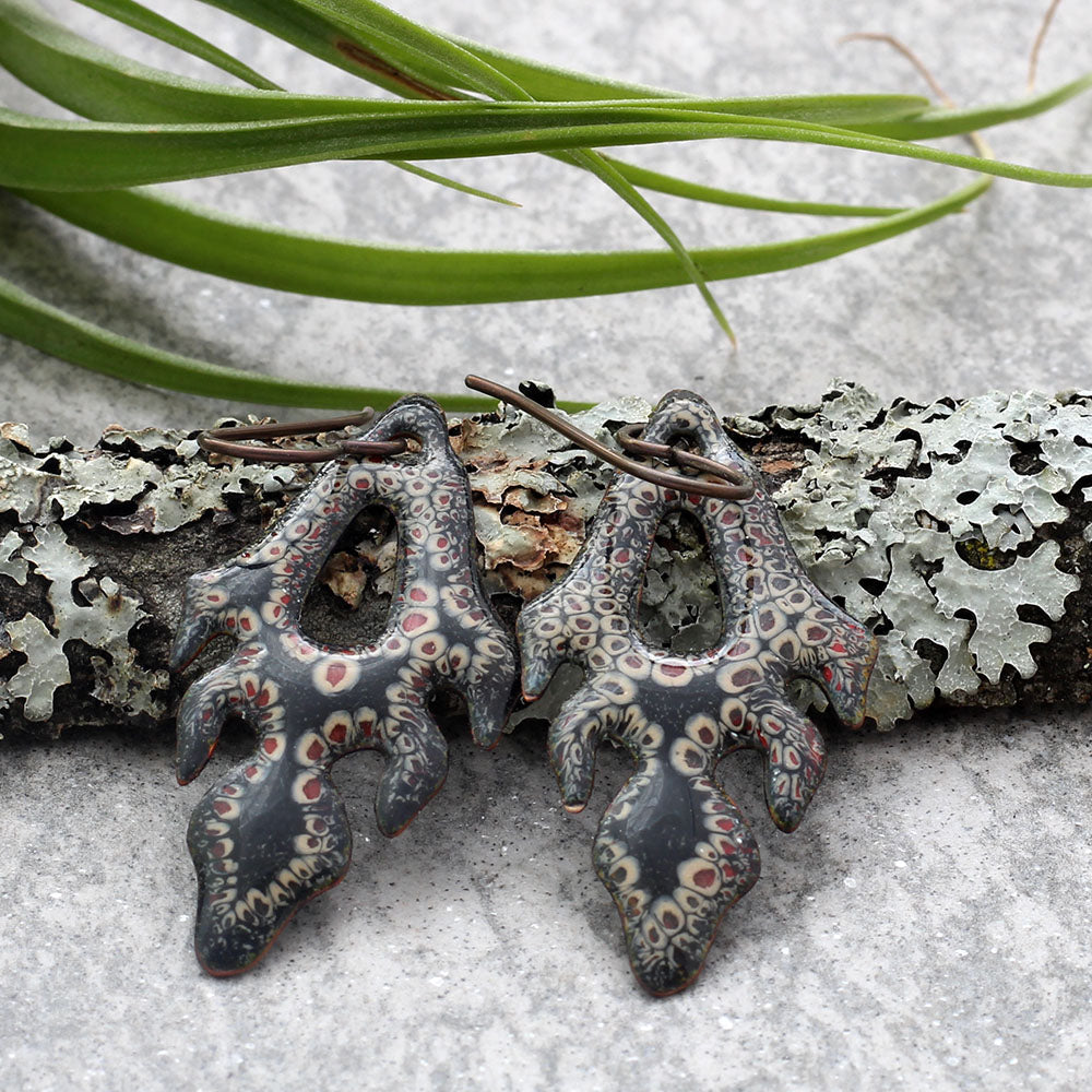  Black and red patterned enamel earrings with niobium ear wires and organic flame-like shape
