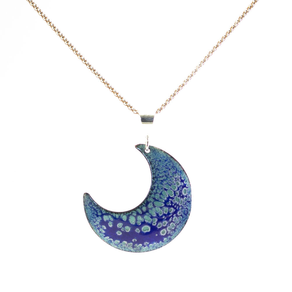 Blue enamel crescent-shaped pendant with sterling silver bail handmade shown on sterling silver chain (not included)